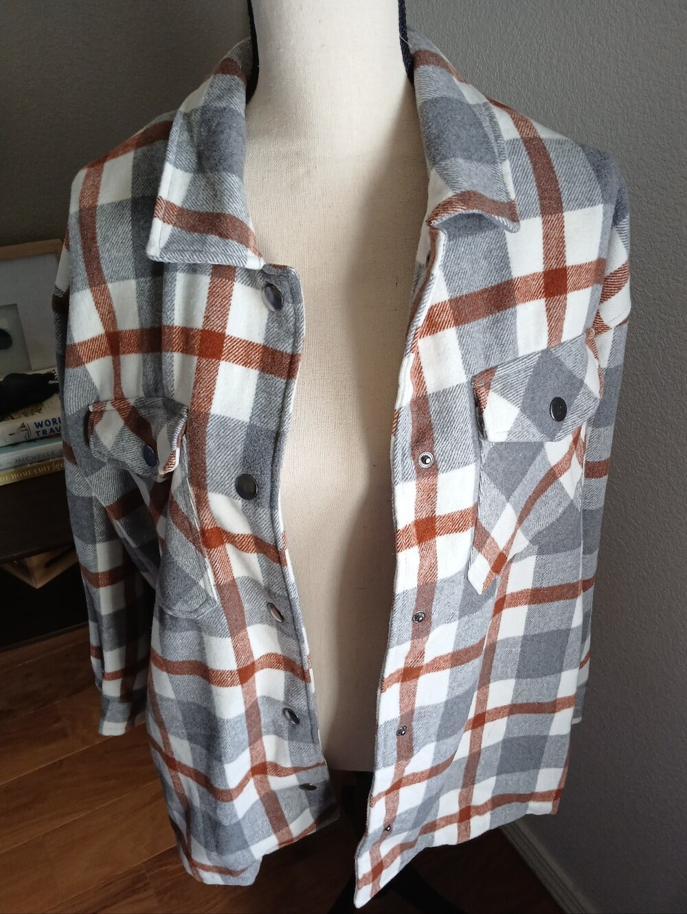 Gray & Rust Plaid Button-Up Shacket, With Pockets! - Picture 6 of 6